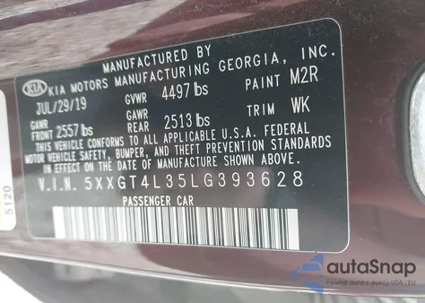 2020 Kia Optima Lx из США, поврежденный, VIN 5XXGT4L35LG393628